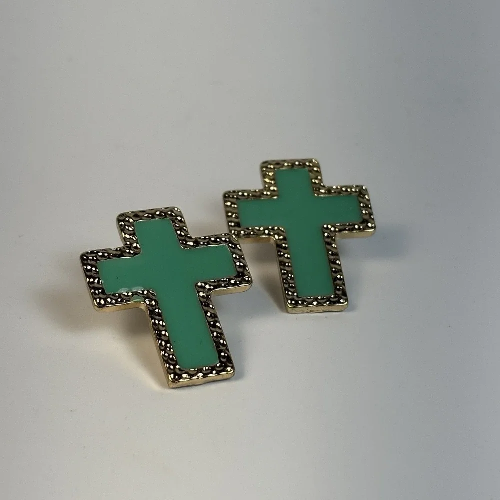 Cross Earrings Religious‎ Crucifix Green Enamel On Gold Tone Huge